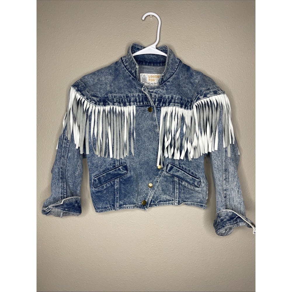 VINTAGE London Fog Women's Short Length Snap Button Fringe Denim Jacket Size S